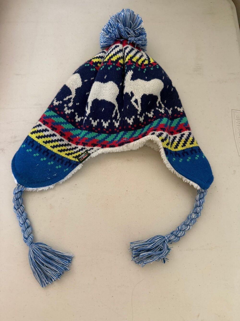 LL Bean Youth reindeer stocking cap hat winter warm yarn ball